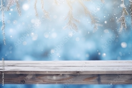 Snowfall over a wooden tabletop with frosty branches above and a soft blue blurred background