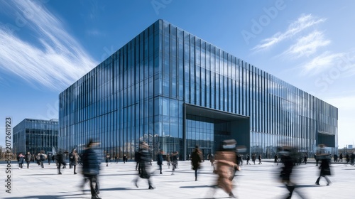 Modern glass building with blurred people walking outside on a sunny day