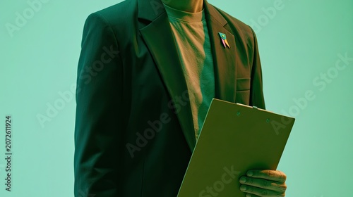 Professional in blazer holds clipboard, displaying a colored ribbon