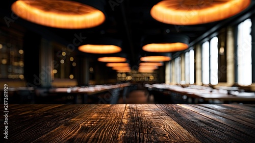Warmly lit restaurant interior, empty tables, focus on rustic wooden foreground