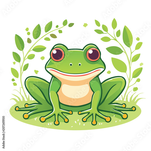 Cute cartoon frog with purple eyes and green leaves