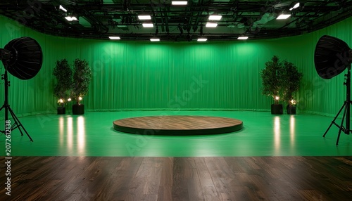 Empty studio with a wooden circular stage and green backdrop