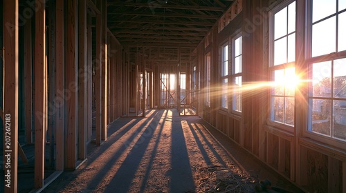 Sunlight streams through unfinished walls, casting long shadows in a home