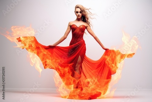 Woman in a flowing red dress with flames swirling around the fabric against a light background