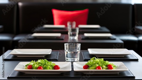 Elegant dining setting with fresh salads and water glasses