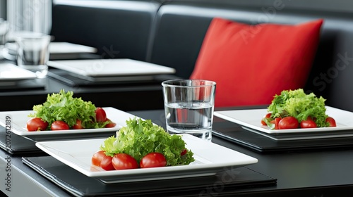Elegant table setting with three fresh green salads and red tomatoes