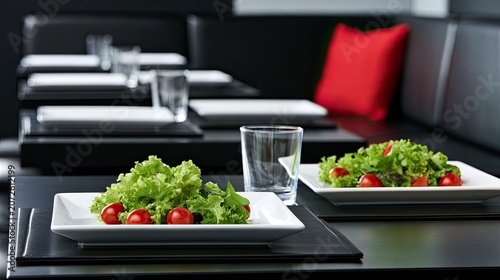 Elegant restaurant setting with two fresh salads and place settings