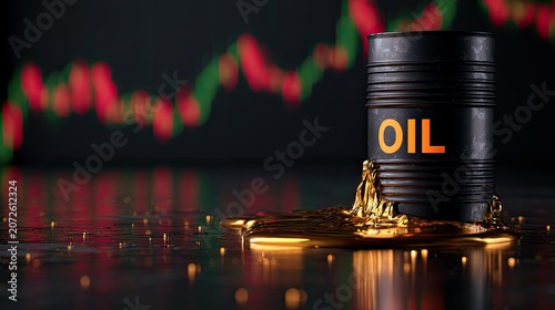 A barrel of oil spills as stock market graphs fluctuate