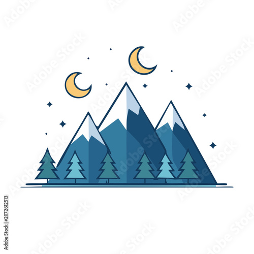Flat vector illustration of mountain landscape with moon and stars