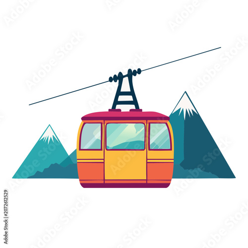 Flat vector illustration of camping tent with backpack and mountain