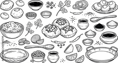 Indian panipuri street food engraving sketch vector icons for sweet and spicy snack restaurant menu packaging design ui.