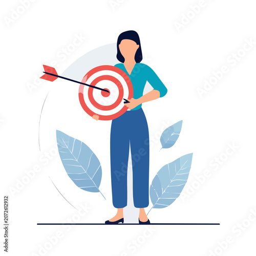 Woman holding target with arrow and bullseye illustration
