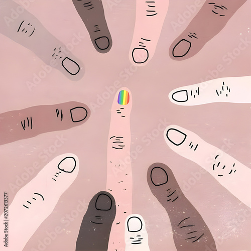 Illustration of the concept of diversity and inclusion with fingers of various skin colors and the rainbow flag symbol.