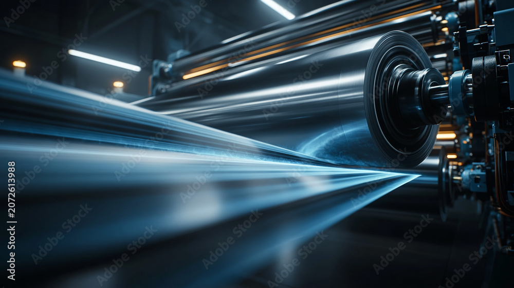 Fototapeta premium High Speed Industrial Film Production Line with Precision Rollers in Automated Manufacturing Factory Close Up