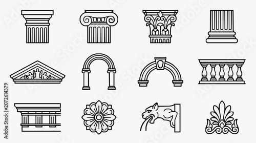 Canvas-taulu Elegant Black and White Line Art Collection of Classic Architectural Columns Ped