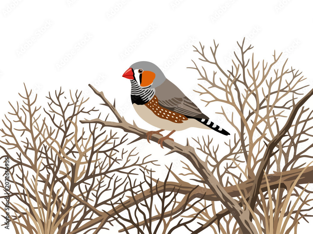 Fototapeta premium A male zebra finch perched on a dry branch against a white background.
