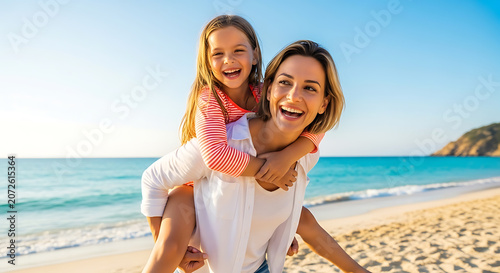 Cheerful mother giving piggyback ride to her little daughter on sunny beach