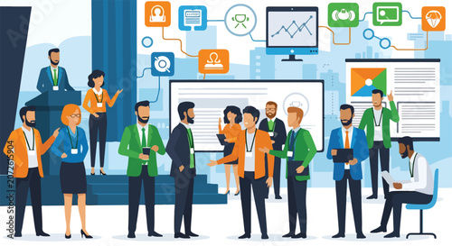 Fotografie Business professionals interact near a large screen