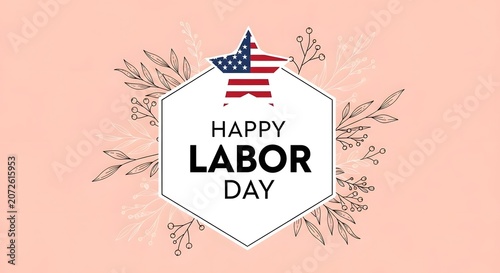 Labor Day Happy Labor Day elegant greeting card featuring American flag star design and delicate floral line art on soft peach background