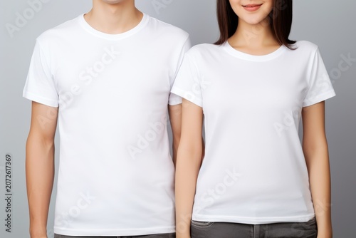 Two people standing side by side wearing plain white T-shirt, torso view on neutral background