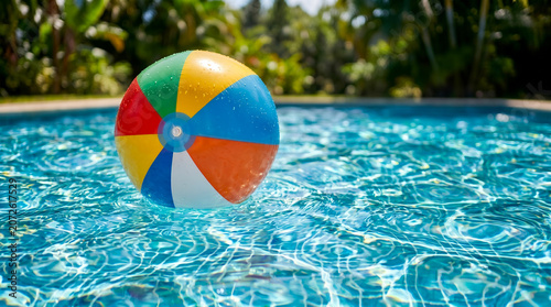 Фотография Colorful striped beach ball floats on the rippling blue surface of a sunlit swimming pool, surrounded by a lush tropical backyard garden background