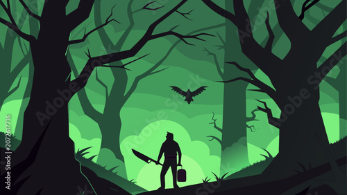 Silhouette of a person with a dog in a spooky green forest