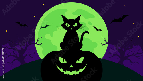 Foto Black cat on green jack-o-lantern with full moon