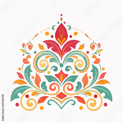 Colorful Floral Ornament with Swirls and Leaves