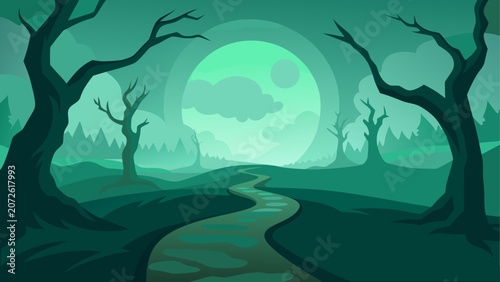 Foto Mystical green moonlit forest with winding path