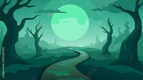 Quadro su tela Green moonlit forest road with bare trees
