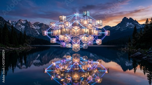 Glowing geometric cube installation over a mountain lake.