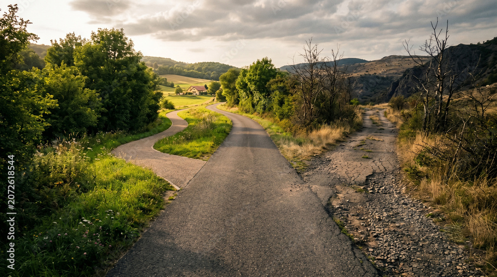 Naklejka premium Road Dividing Healthy Unhealthy Paths
