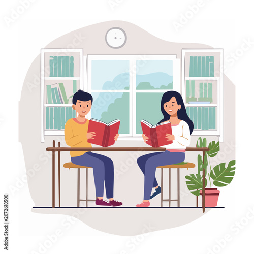 Two people reading books at a table in a room