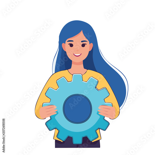 Woman holding large blue gear illustration