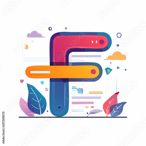 Abstract Letter F with Geometric Shapes and Leaves