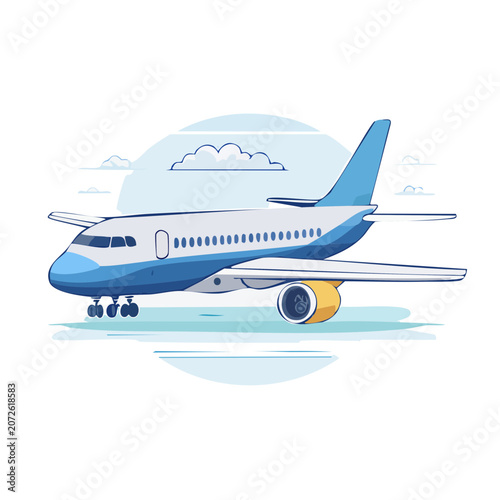 Blue and white commercial airplane flat vector illustration