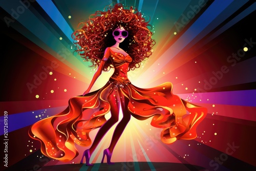 Stylized dancer in flowing red dress and sunglasses, curly hair glowing against radiant burst background with colorful rays and sparkles