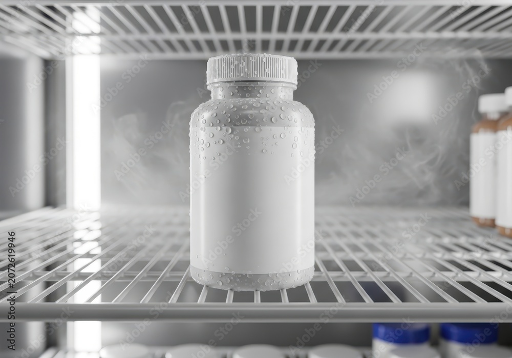 Fototapeta premium Blank White Plastic Medicine Bottle with Condensation in Cold Storage Refrigerator for Pharmaceutical Mockup