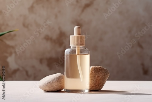 Glass dropper bottle with beige liquid on a table between two stones, minimal natural skincare still life on neutral background