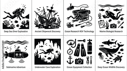 Photos Detailed black silhouette illustrations showcasing ocean exploration, marine res