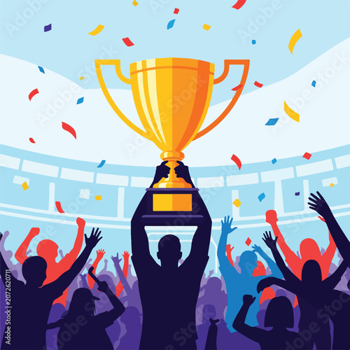 Fotografie A man holding a trophy aloft amidst cheering crowd