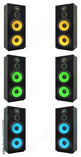 Set of stylish wooden speakers isolated on white background, concept of home audio and music equipment