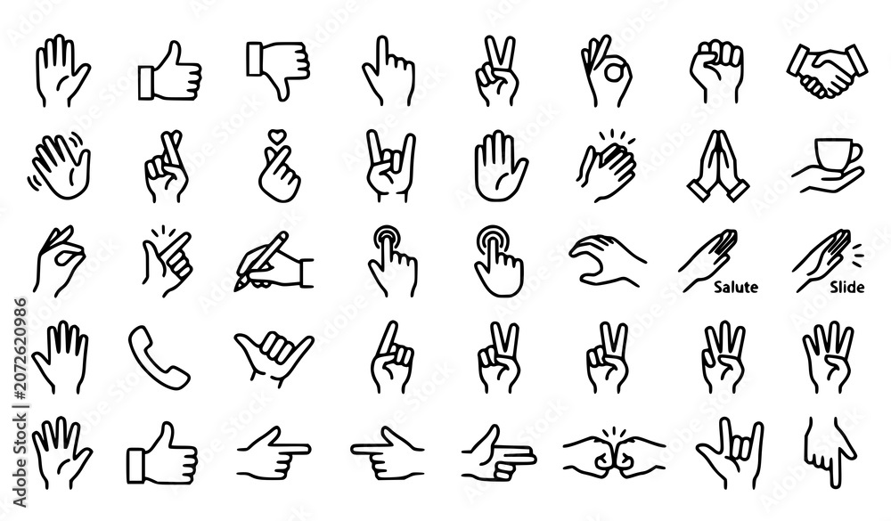 Fototapeta premium Monochrome Hand Gesture Line Art Icon Set with Human Communication and Sign Symbols Vector Collection