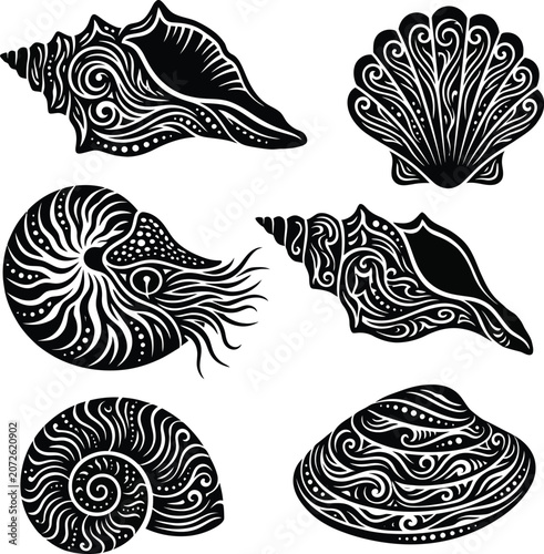 Seashell Tattoo Icon Set with Black Ornamental Engravings and Swirling Line Patterns on White Background
