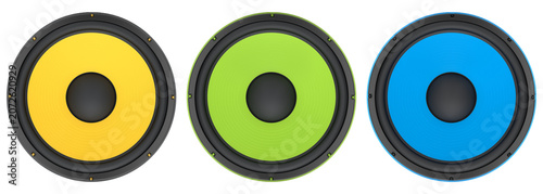 Multiple speaker cones, isolated on white background. Concept of audio and sound systems