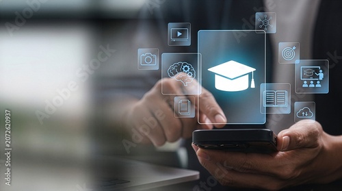 Naklejka Mobile learning concept with interactive digital education interface featuring video, goals, multilingual support, and AI powered smart study for modern knowledge, e-learning