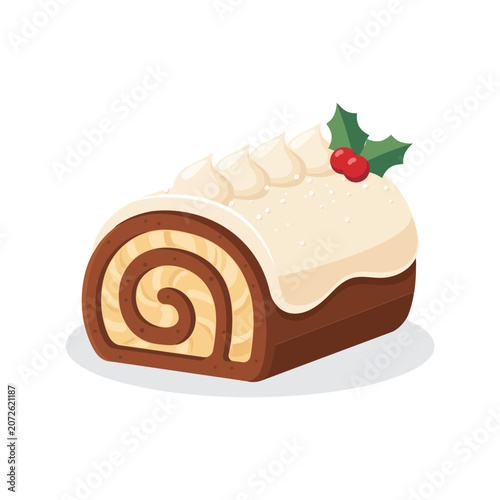 Fotografie Delicious chocolate yule log cake with cream frosting and holly berry decoration
