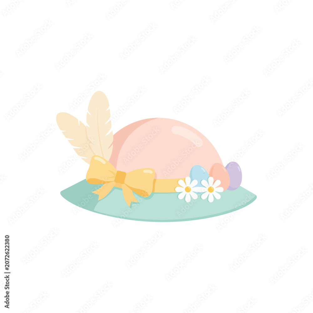 Fototapeta premium Pastel easter bonnet hat decorated with feathers and spring flowers and colorful eggs for holiday celebration and festive springtime fashion accessory