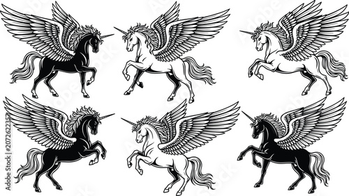 Εκτύπωση καμβά Winged unicorn silhouette set, alicorn fantasy vector, mythical creature illustr