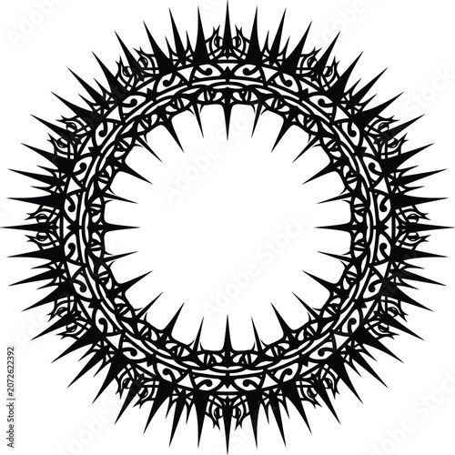 Spiky Emblem Icon with Black Ornamental Circle Border, Jagged Rays, and Empty Center for Graphic Design